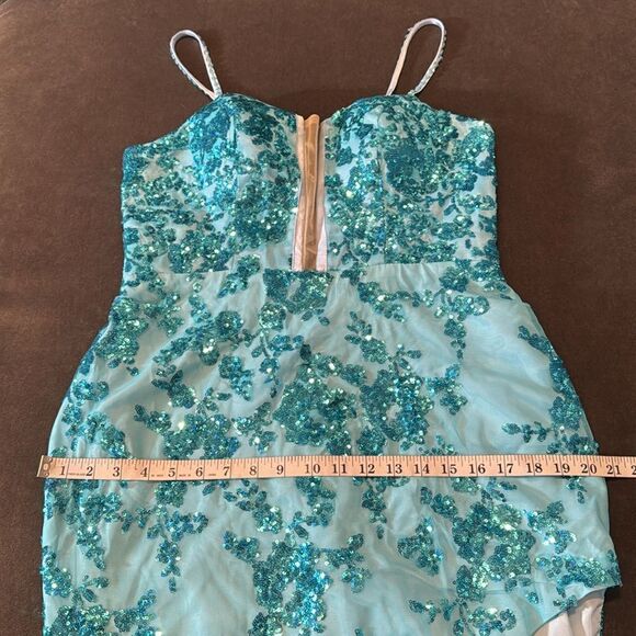 Women’s Blue Mermaid Fit Prom Party Dress Sparkly Sequins Leg Slit Size 12 - Picture 11 of 12